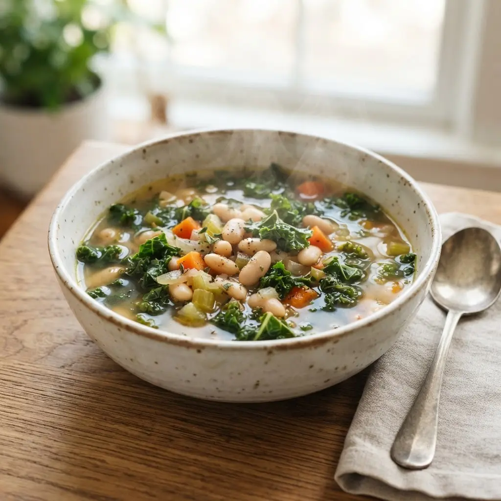 A bowl of broth soup with beans and greens shows foods that will make you thin but also full.