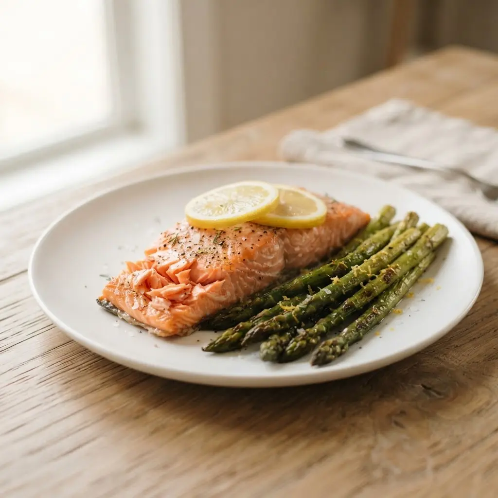 Baked salmon with asparagus and lemon shows foods that will make you thin but also full.