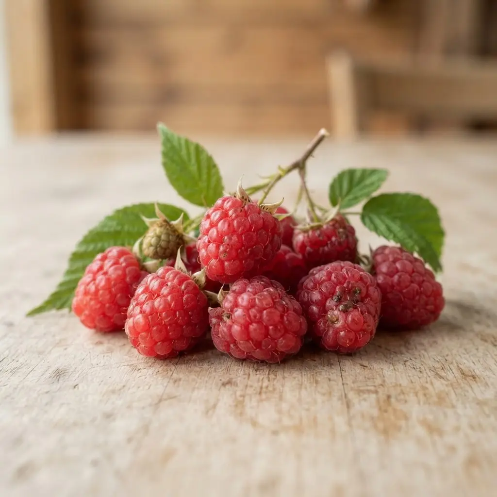 Berries on a plain wooden surface.