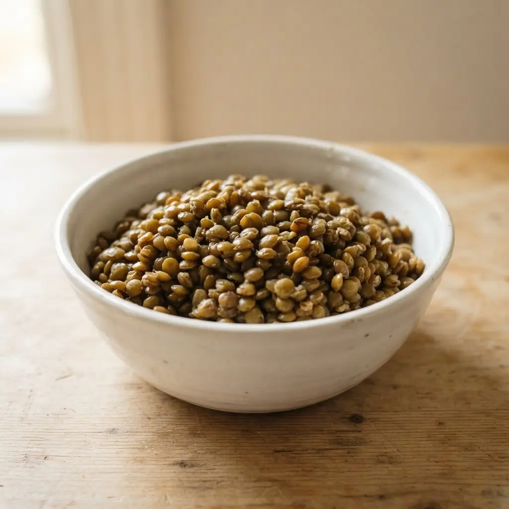 Lentils in a plain white bowl on a plain wooden surface.