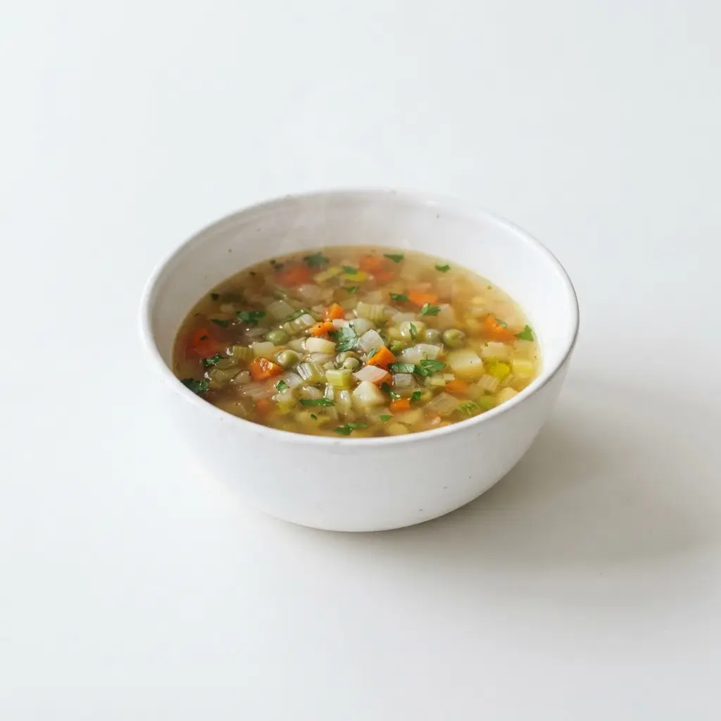 Vegetable broth soup in a plain white bowl on a clean white background.