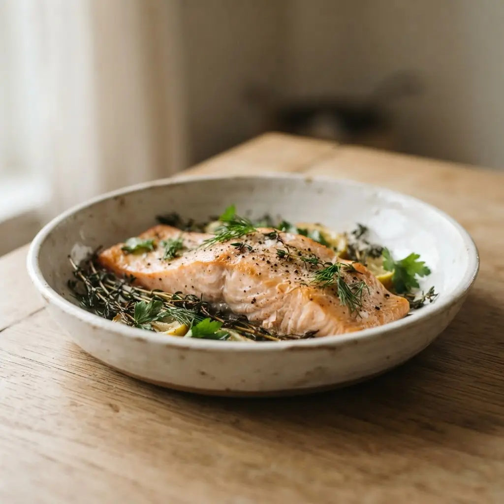 Grilled salmon fillet, sardines, and herbs on a wooden plate, foods which keep your brain in a good shape.
