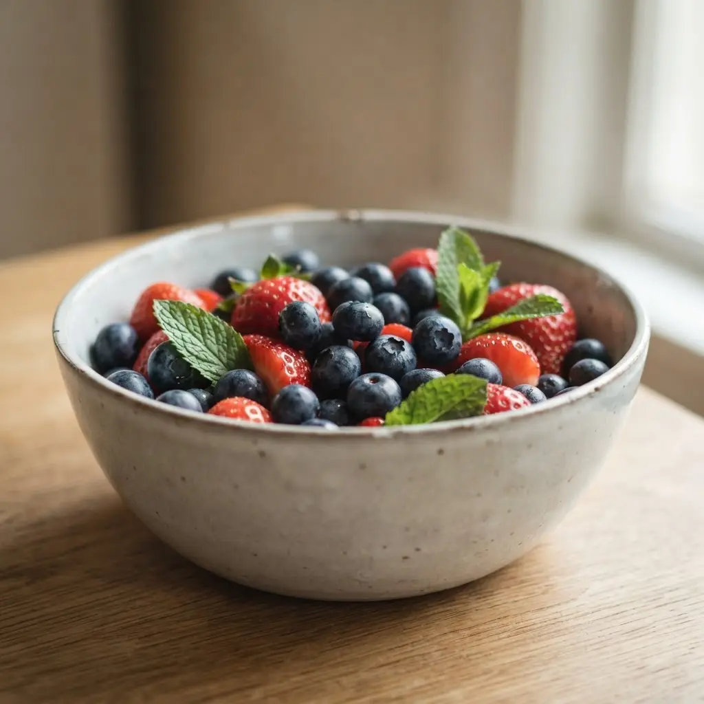 Blueberries and strawberries in a ceramic bowl beside fresh mint and scattered oats on a linen cloth.