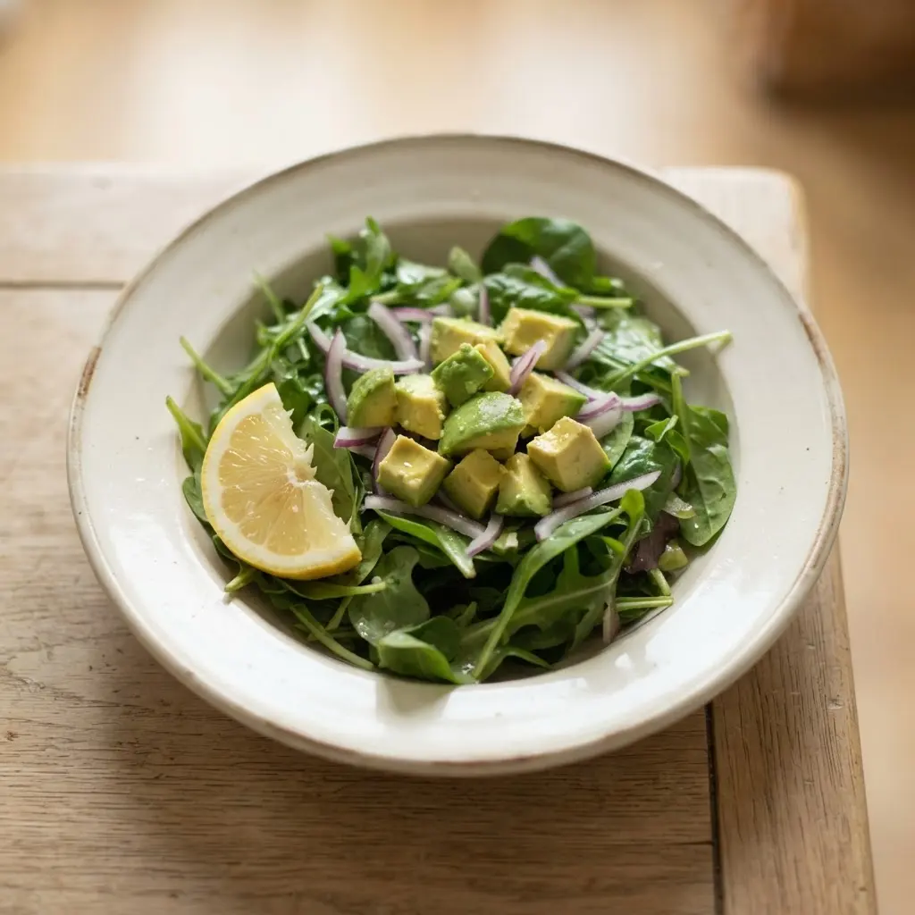Spinach, kale, and arugula beside lemon wedges, showing brain-supporting foods in a rustic kitchen setting.