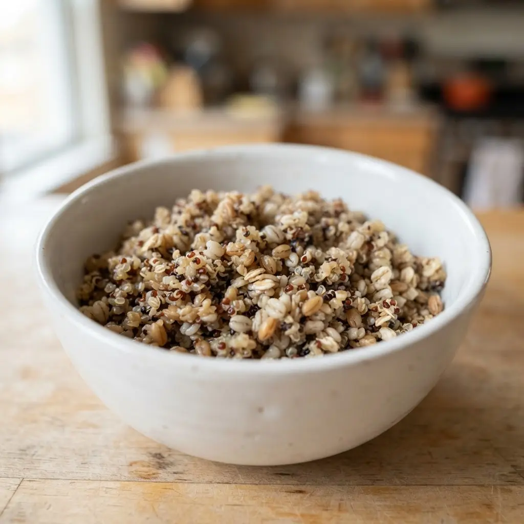 Bowls of quinoa, oats, barley, and wheat berries arranged on a linen-covered table.