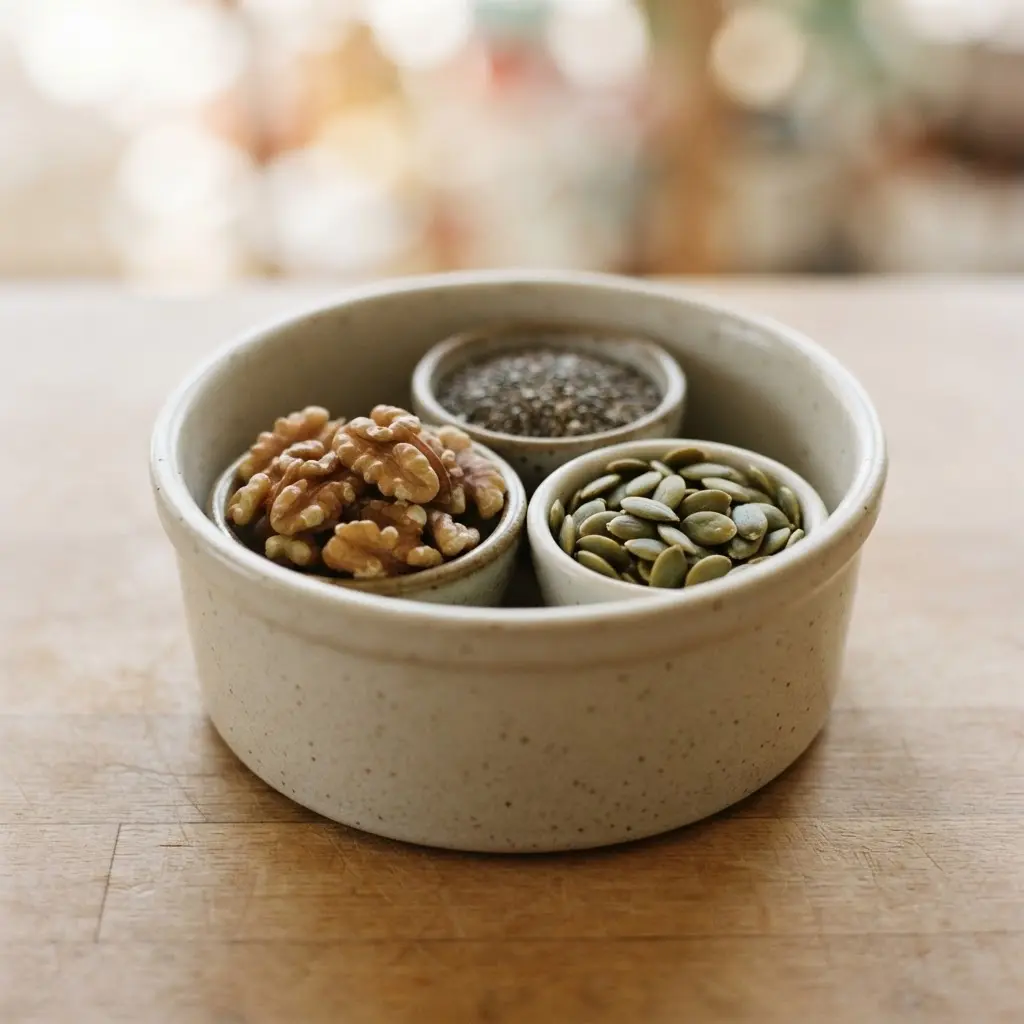 Walnuts and mixed seeds in ceramic bowls beside sliced pear, showing plant-based foods for brain health.
