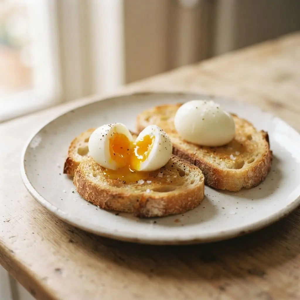 Two soft-boiled eggs with golden yolks on toast beside parsley and sliced tomato.