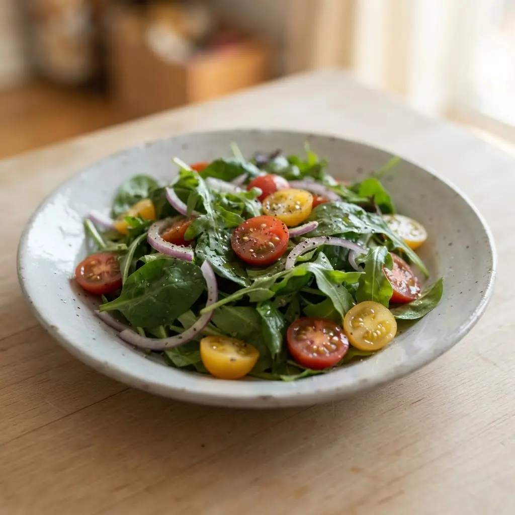 Extra virgin olive oil drizzled over greens, tomatoes, and beans, a simple food which keeps your brain in a good shape.