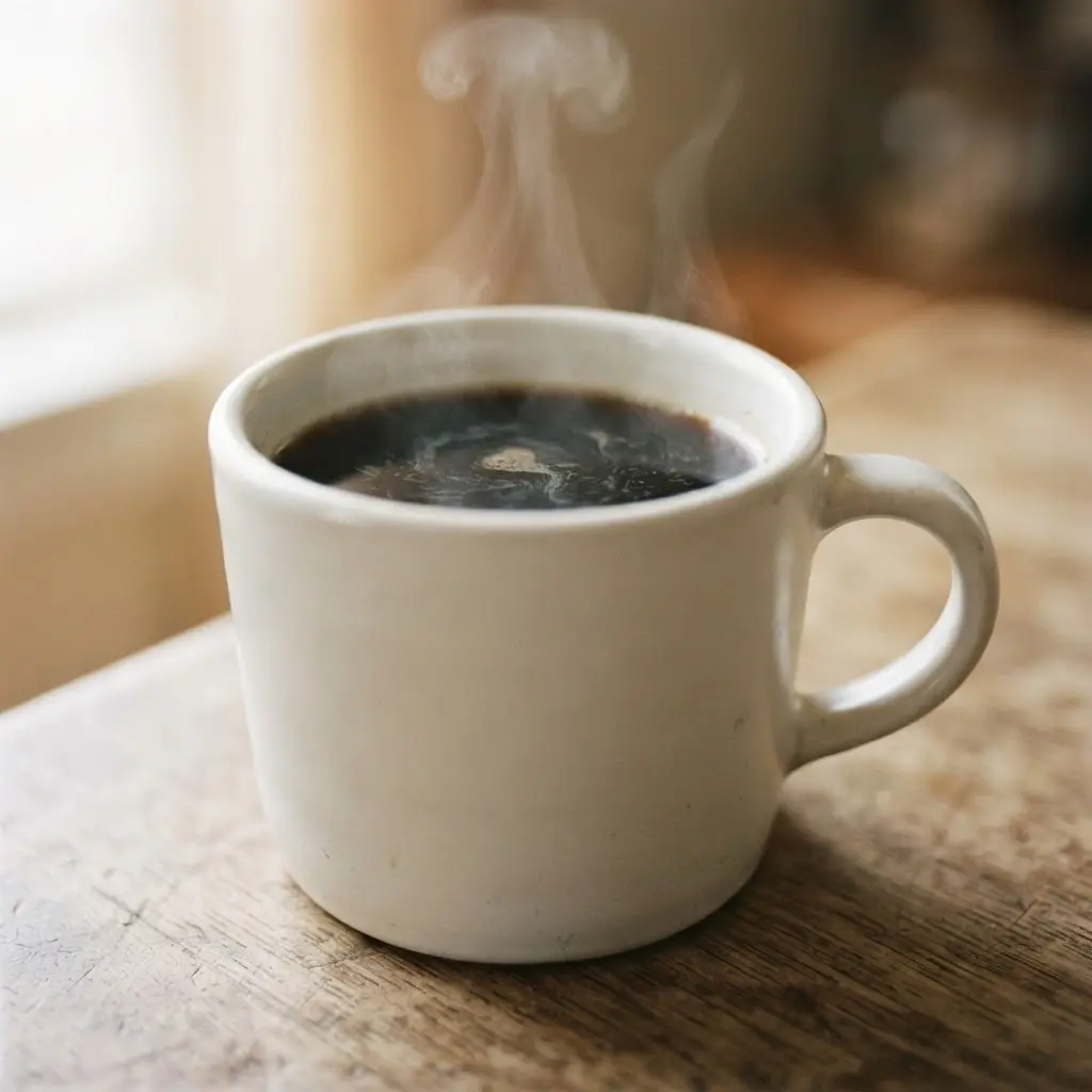 A steaming mug of coffee beside a bedside clock, illustrating foods you should avoid at late evening hours.