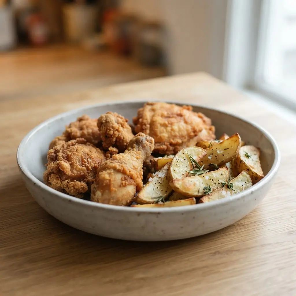 Golden fried chicken pieces and potato wedges on a plate beside a glass of water near dinner.