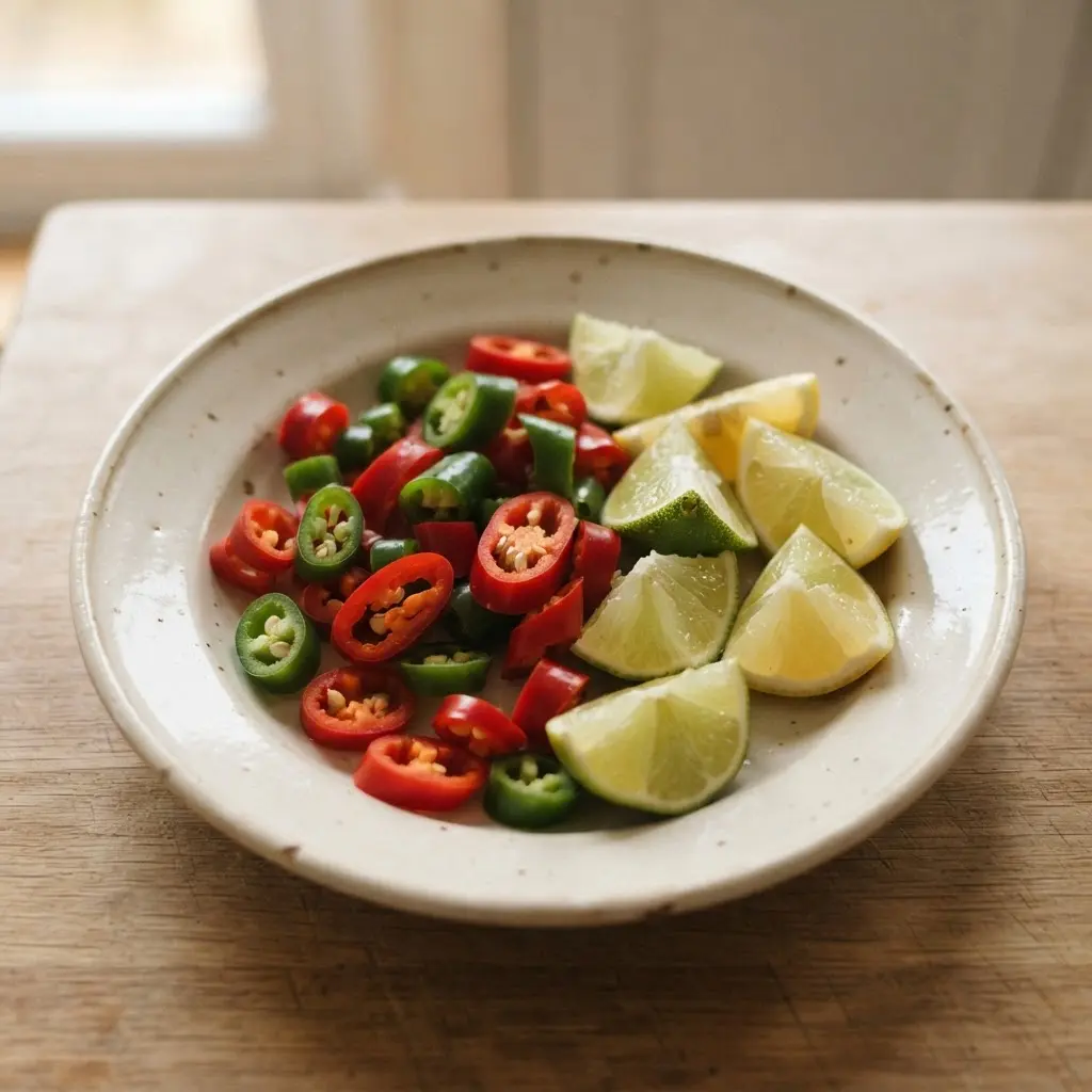 Sliced chili peppers and citrus wedges on a plate, showing foods to limit before bedtime.