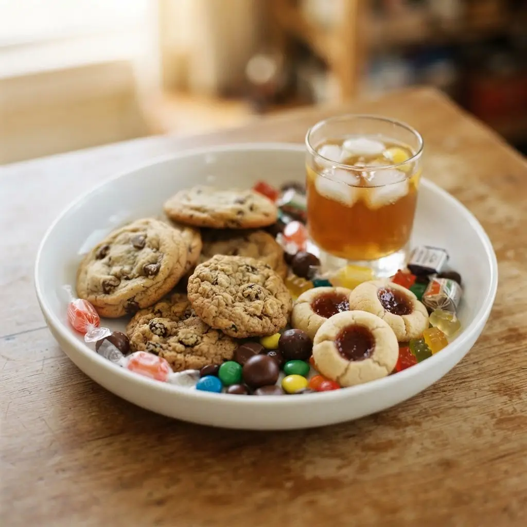 Wrapped cookies, candy pieces, and a sweetened drink arranged on a dark plate near a bedside lamp.