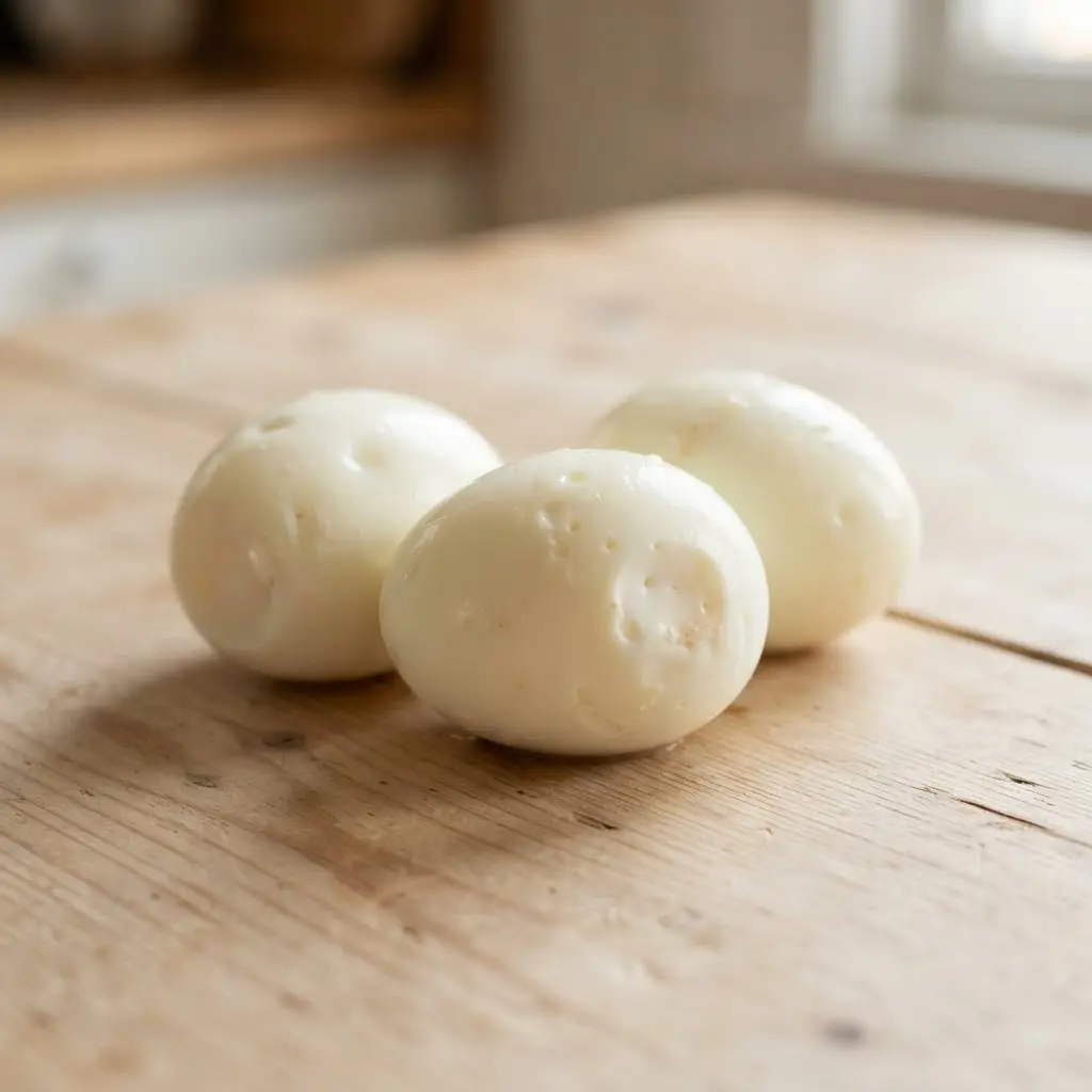 Boiled eggs on a plain wooden surface.