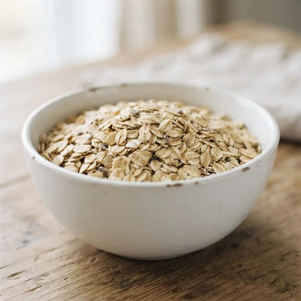 Rolled oats in a plain white bowl in close-up.