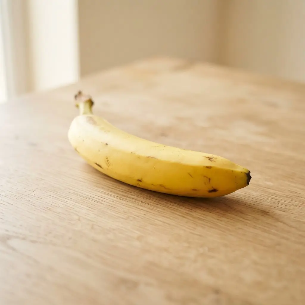 Banana on a plain wooden surface.