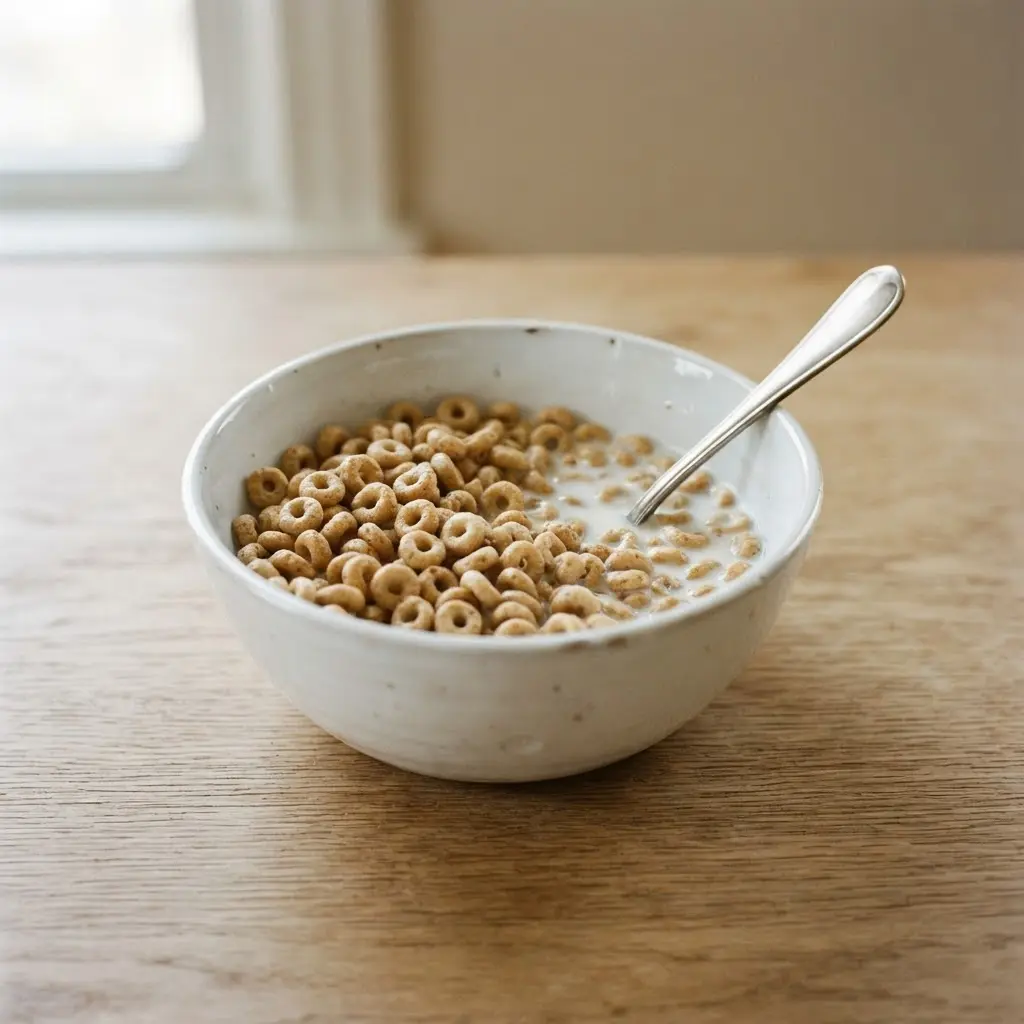 Cereal in a plain white bowl on a plain wooden surface.