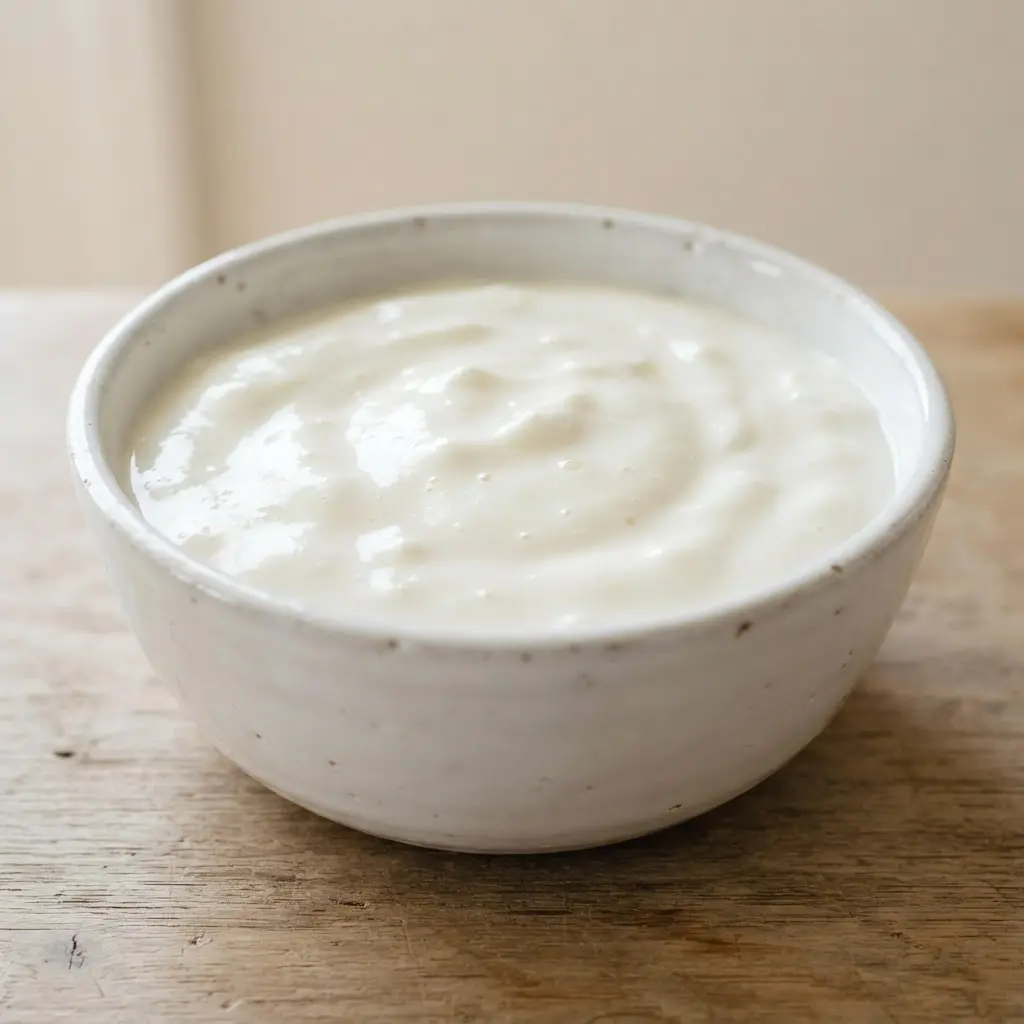 Sweetened yogurt in a plain white bowl in close-up.
