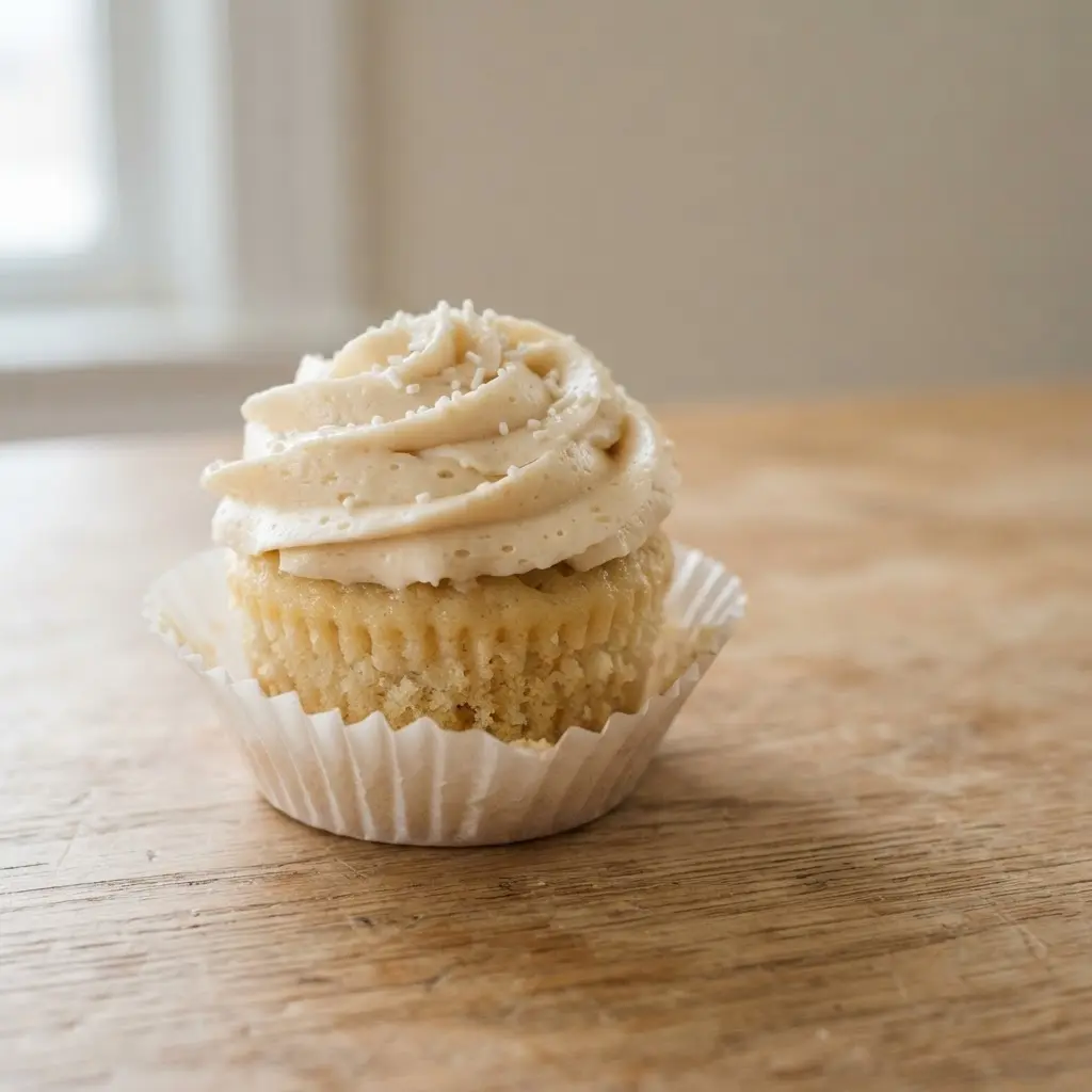 Frosted pastry on a plain wooden surface.