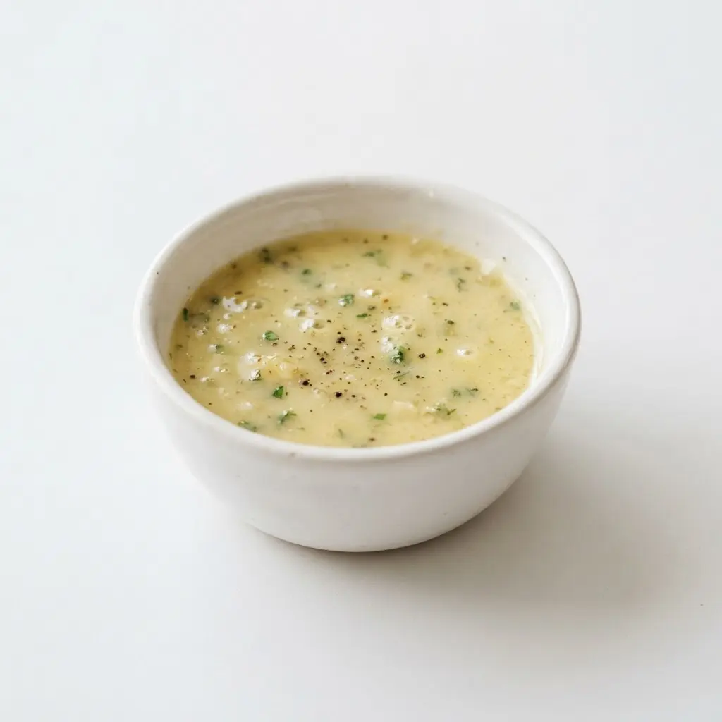 Salad dressing in a plain white bowl on a clean white background.