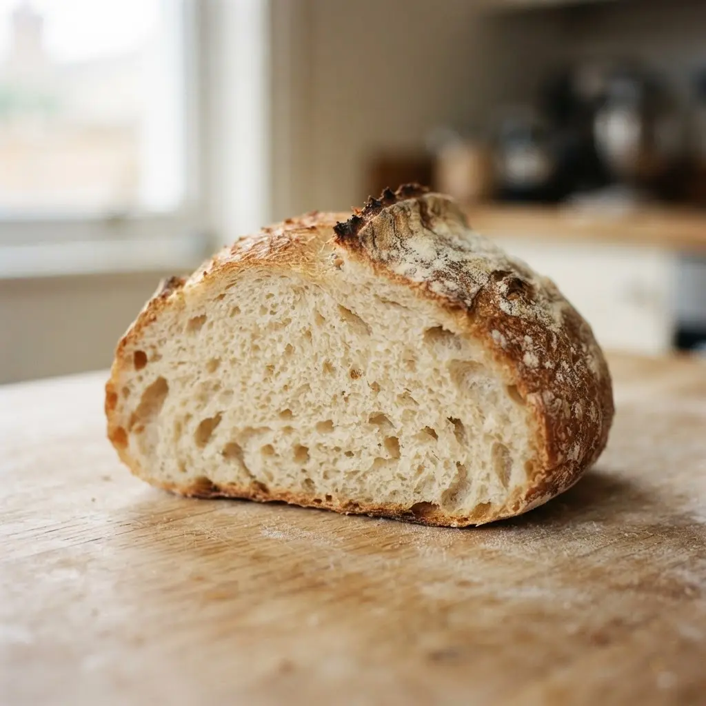 White bread on a plain wooden surface.