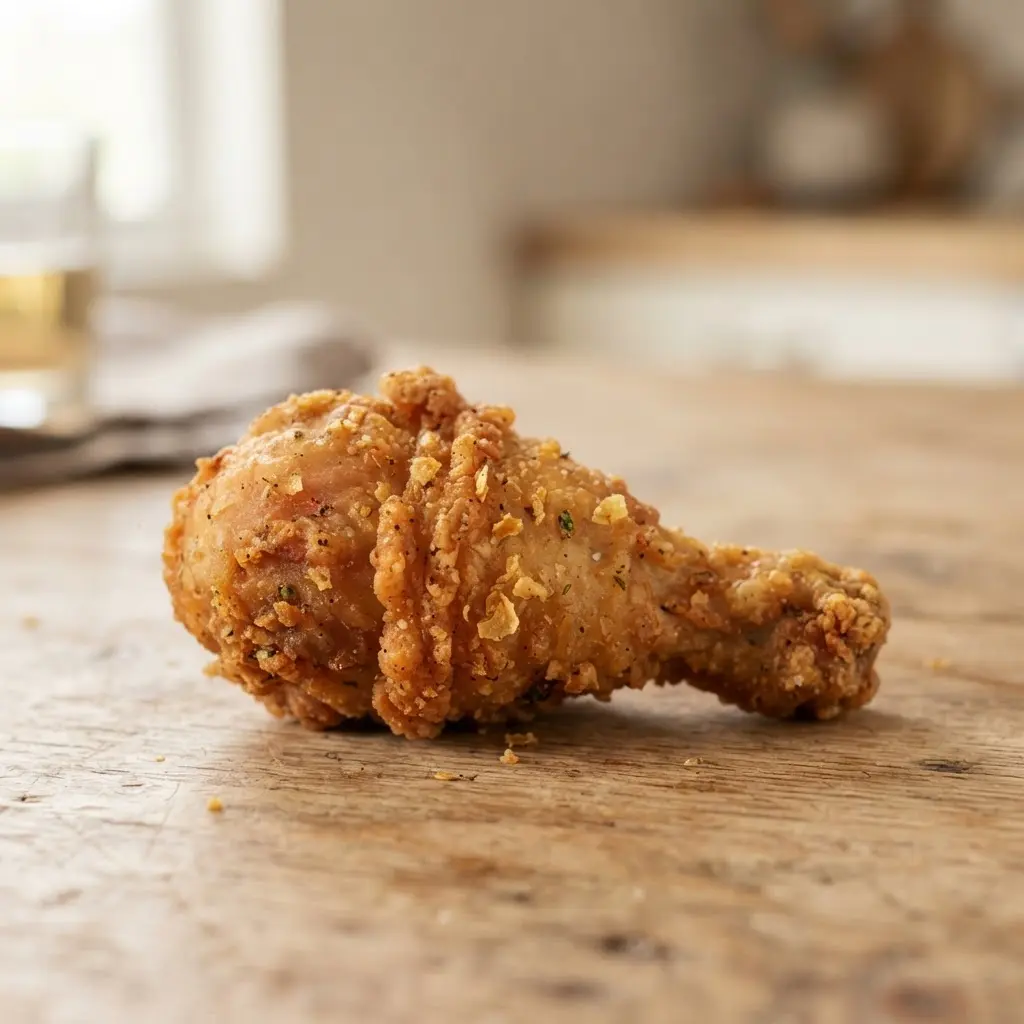 Fried chicken on a plain wooden surface.