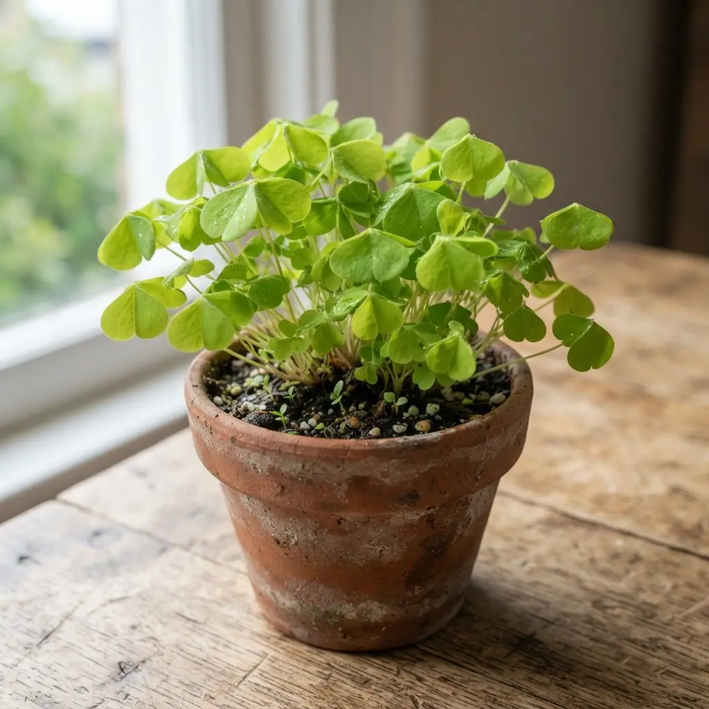 Wood sorrel leaves in a clay pot beside lemon slices, showing fresh herbs you never knew need for tangy meals.