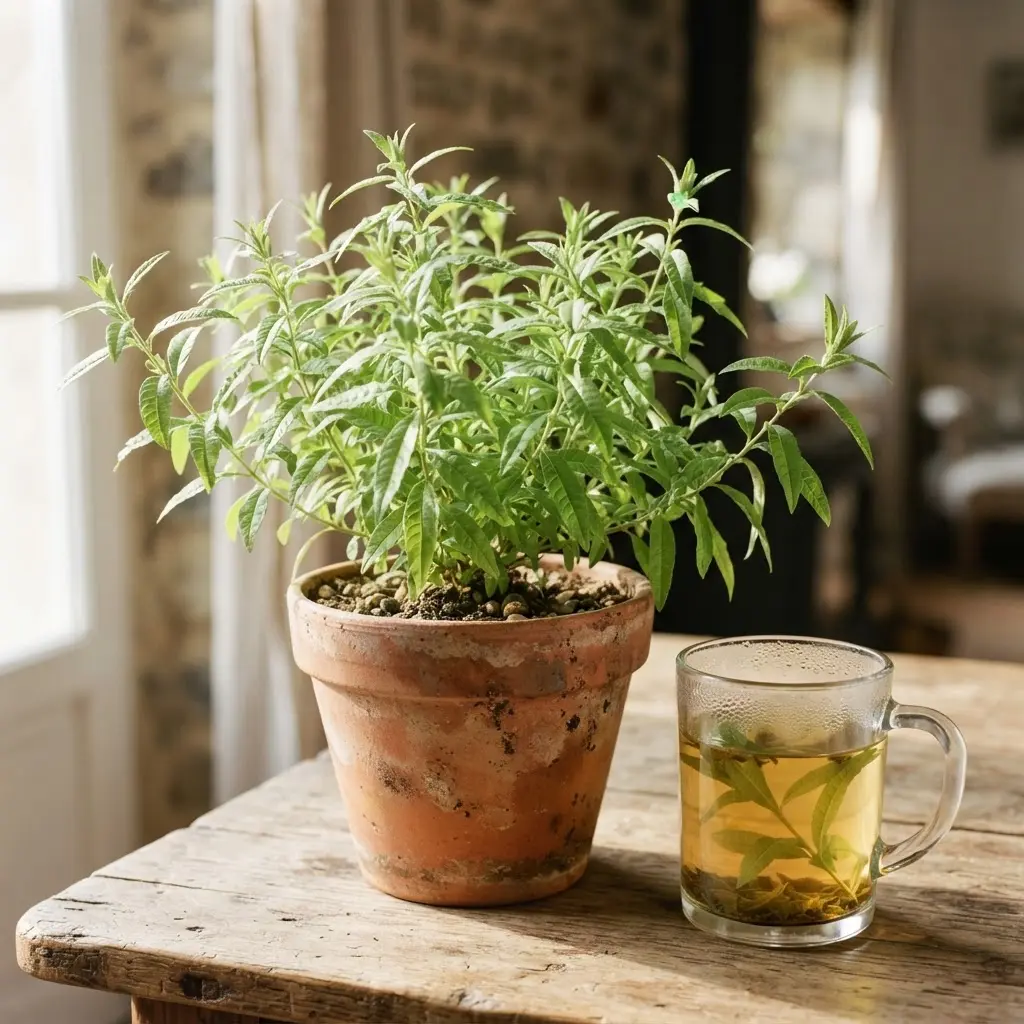Lemon verbena stems with narrow green leaves in a sunny terra cotta container beside a glass of herbal tea.