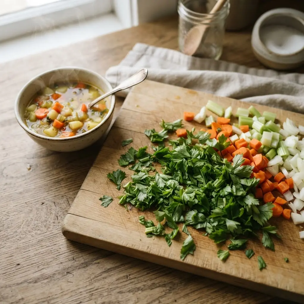 Chopped lovage beside soup vegetables on a wooden board, showing fresh herbs you never knew need for savory meals.