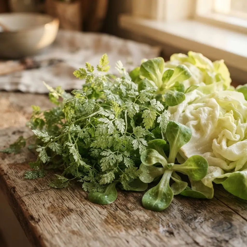 Delicate chervil leaves with fine stems arranged beside lettuce and pale green salad ingredients.