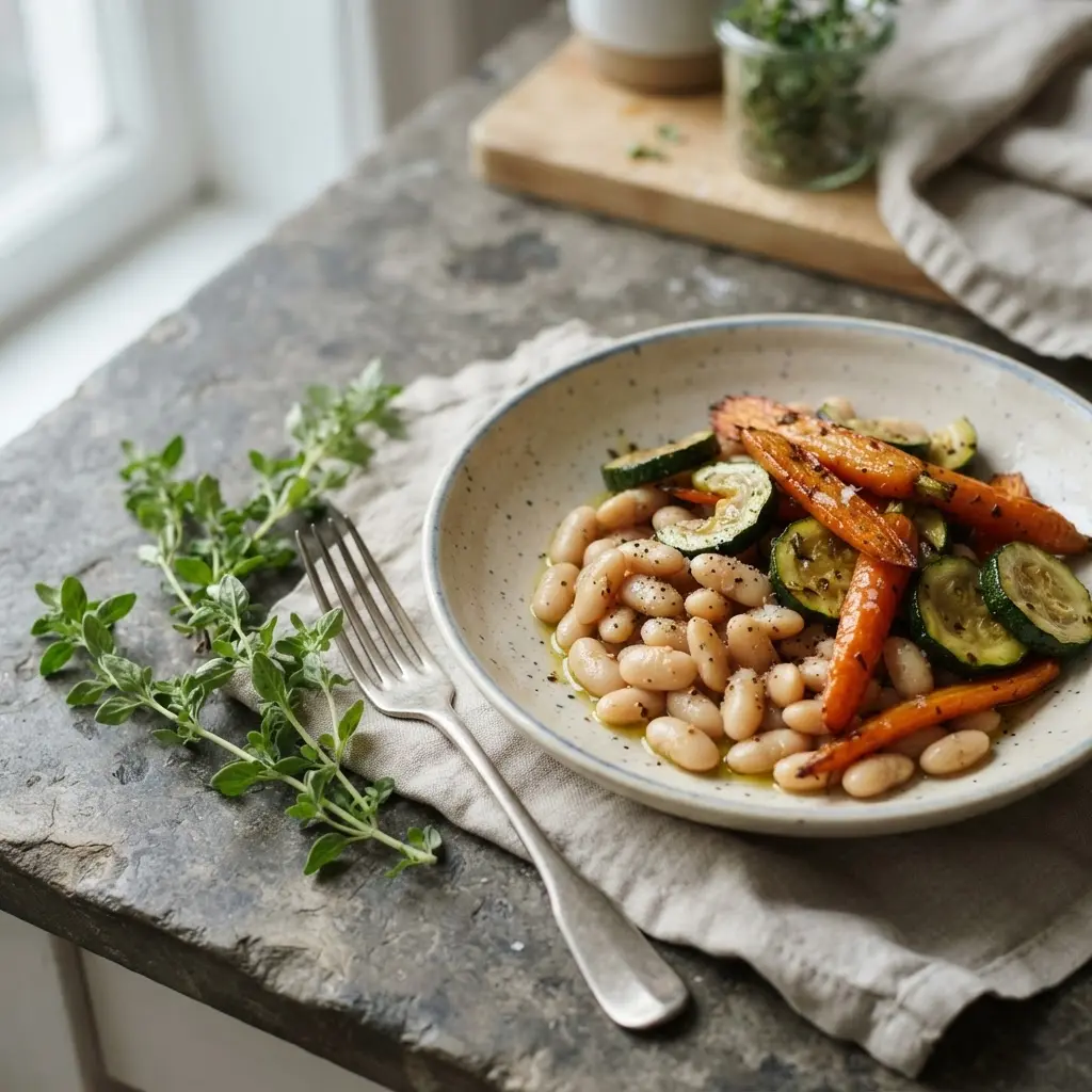 Summer savory sprigs resting beside a bowl of white beans, roasted carrots, and sliced squash on a stone table.