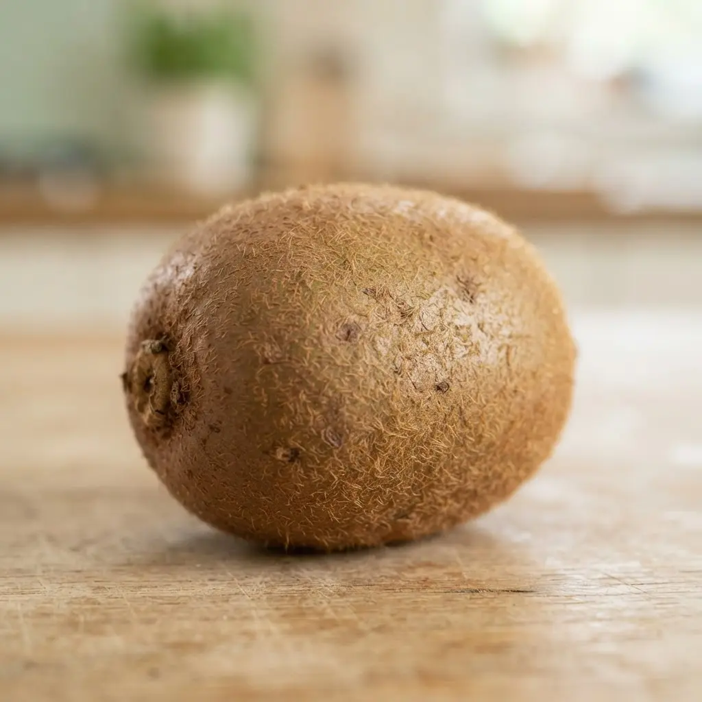 Kiwifruit on a plain wooden surface.
