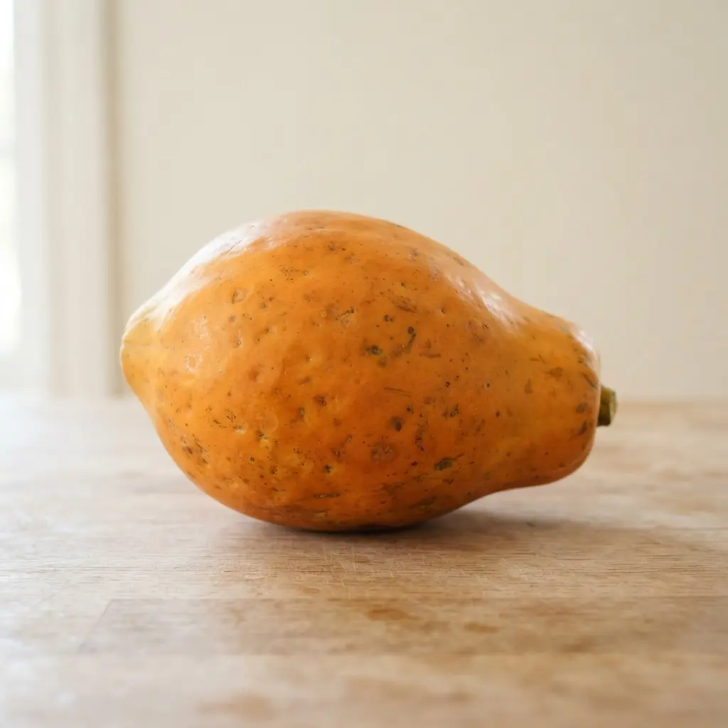 Papaya on a plain wooden surface.