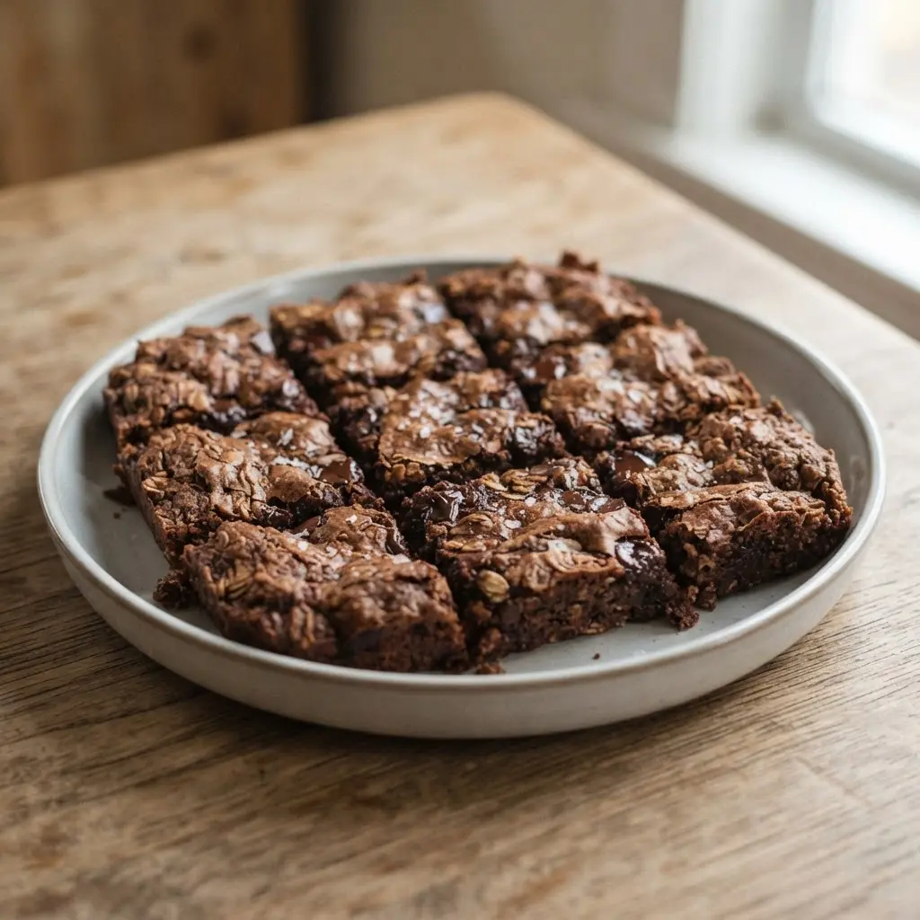 Square oat bars with dark chocolate chips, fudgy centers, and lightly browned edges on parchment paper.