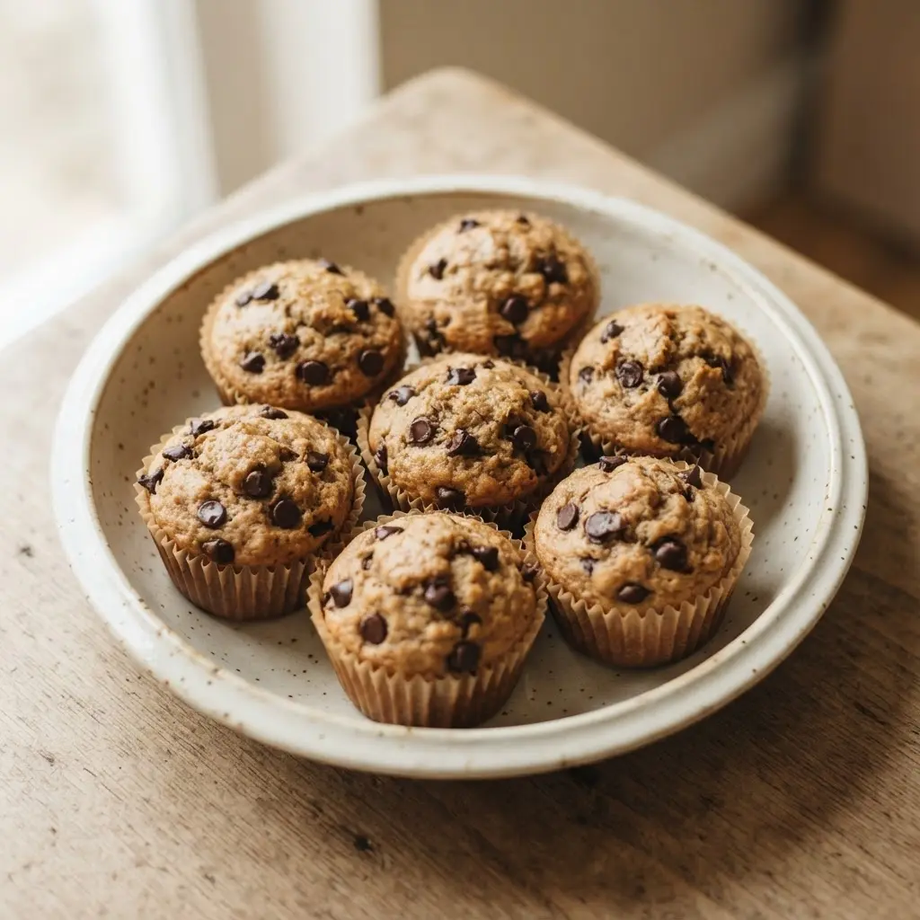 Golden breakfast muffins with chocolate chips, rounded tops, and soft pale centers on a cooling rack.