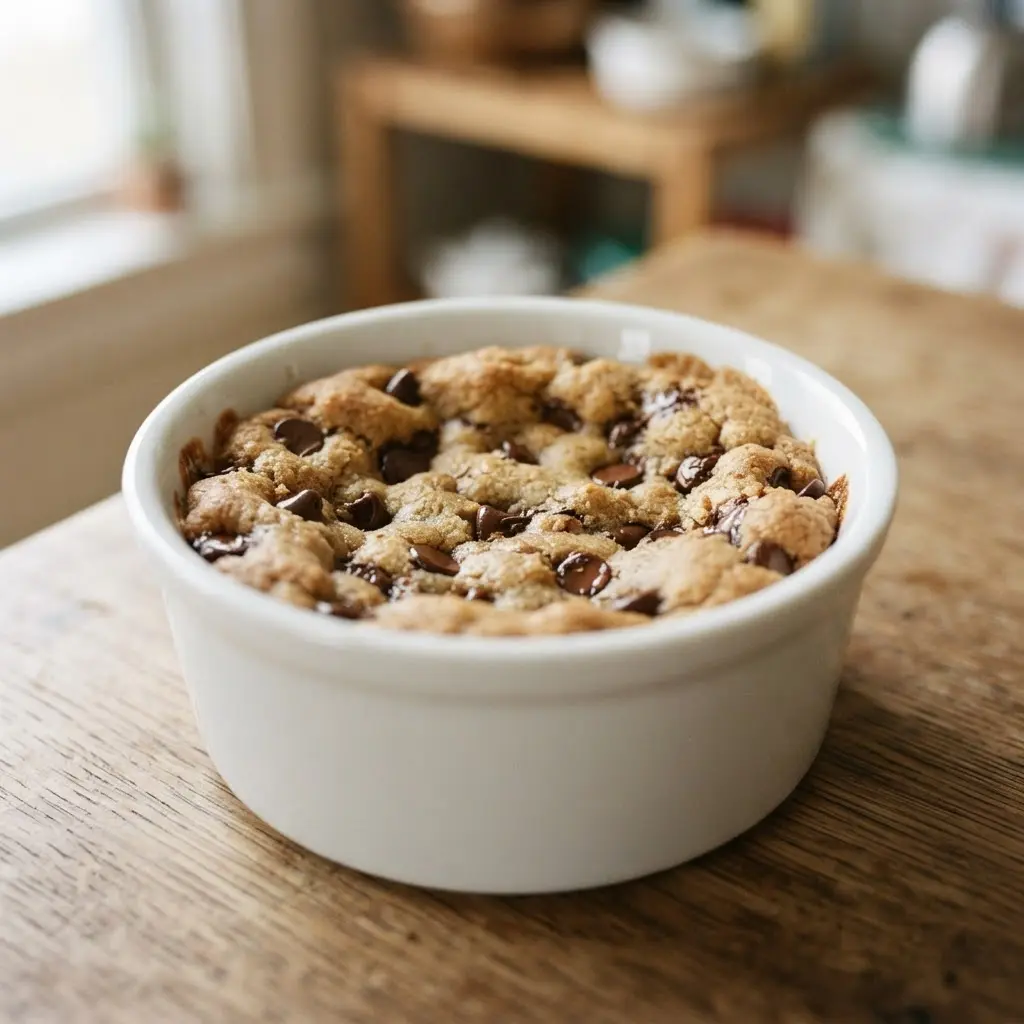 Warm cast iron skillet cookie with melted chocolate chips and a soft center, a gluten-free chocolate chip recipe.