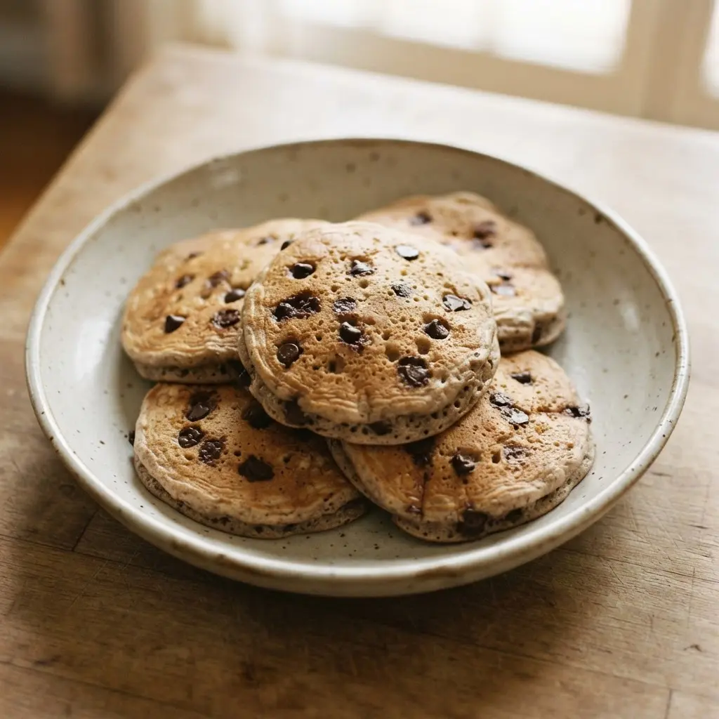Stack of fluffy buckwheat pancakes with chocolate chips, powdered sugar, and maple syrup on the side.