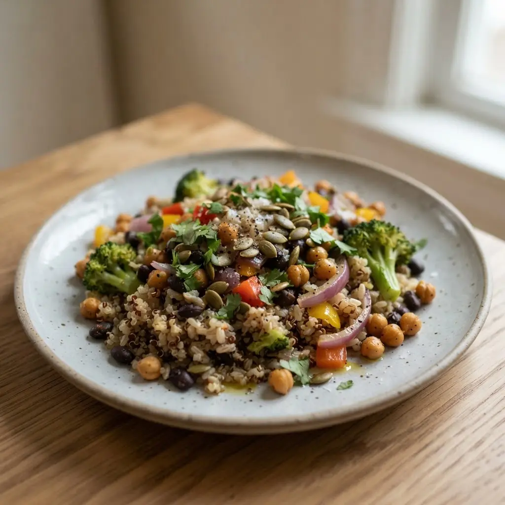A simple home-cooked dish with good and healthy sources of fiber as the main ingredient served on a ceramic plate.