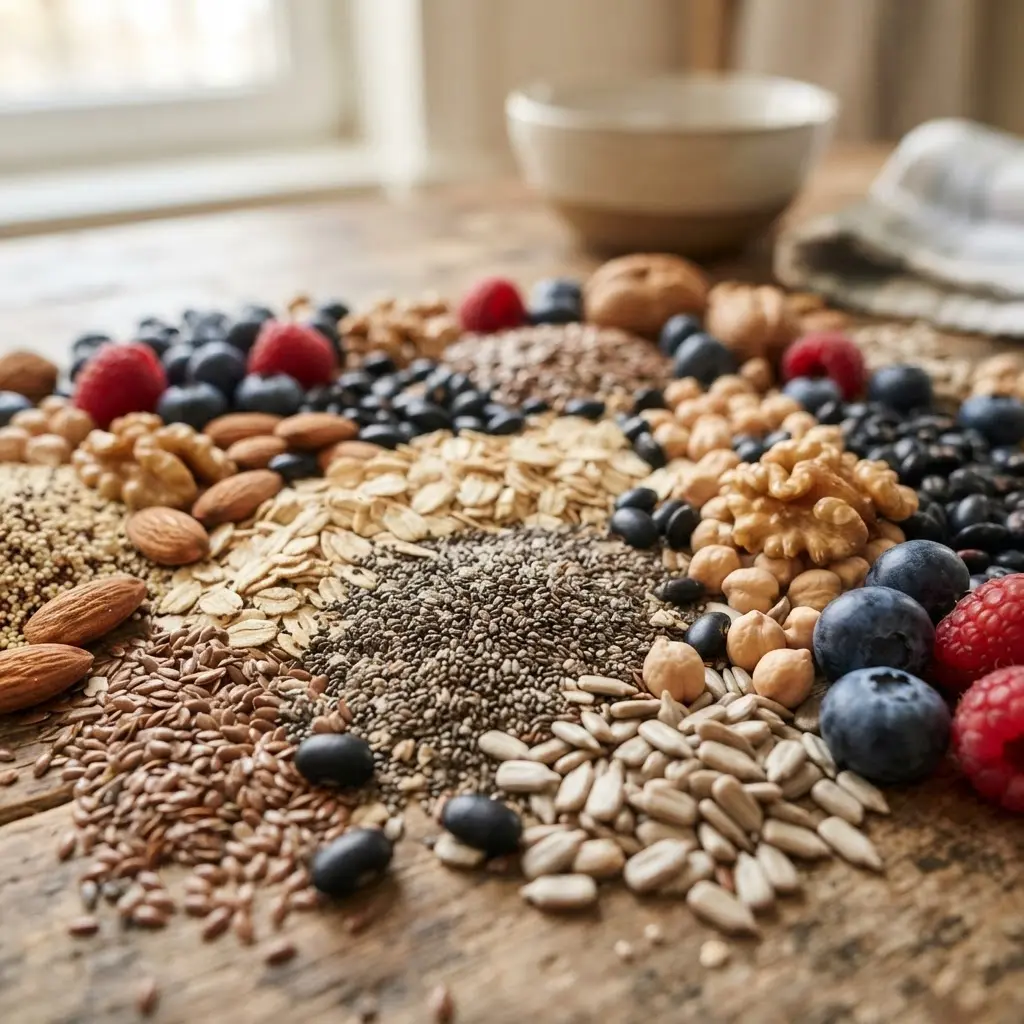 Fresh uncooked good and healthy sources of fiber shown in close-up to highlight natural texture.