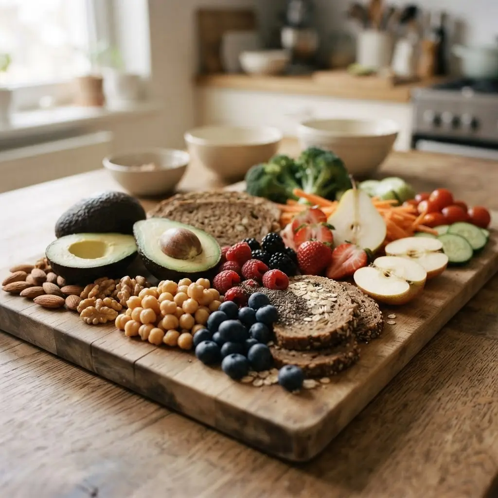 Fresh good and healthy sources of fiber, some whole and some sliced, ready for a healthy meal.