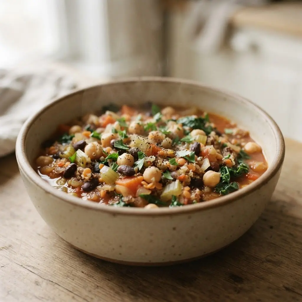 A simple home-cooked dish with good and healthy sources of fiber as the main ingredient served on a ceramic plate.