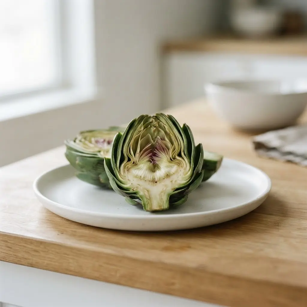 Halved raw artichoke showing layered leaves and heart, with artichoke nutrition notes.