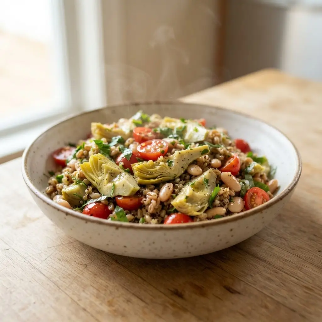 Warm artichoke hearts mixed with grains, tomatoes, herbs, and white beans in a serving bowl.