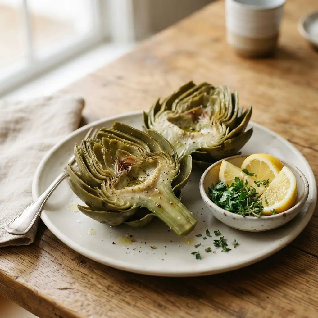 Steamed artichoke halves beside a small bowl of lemon and fresh herbs on a white plate.
