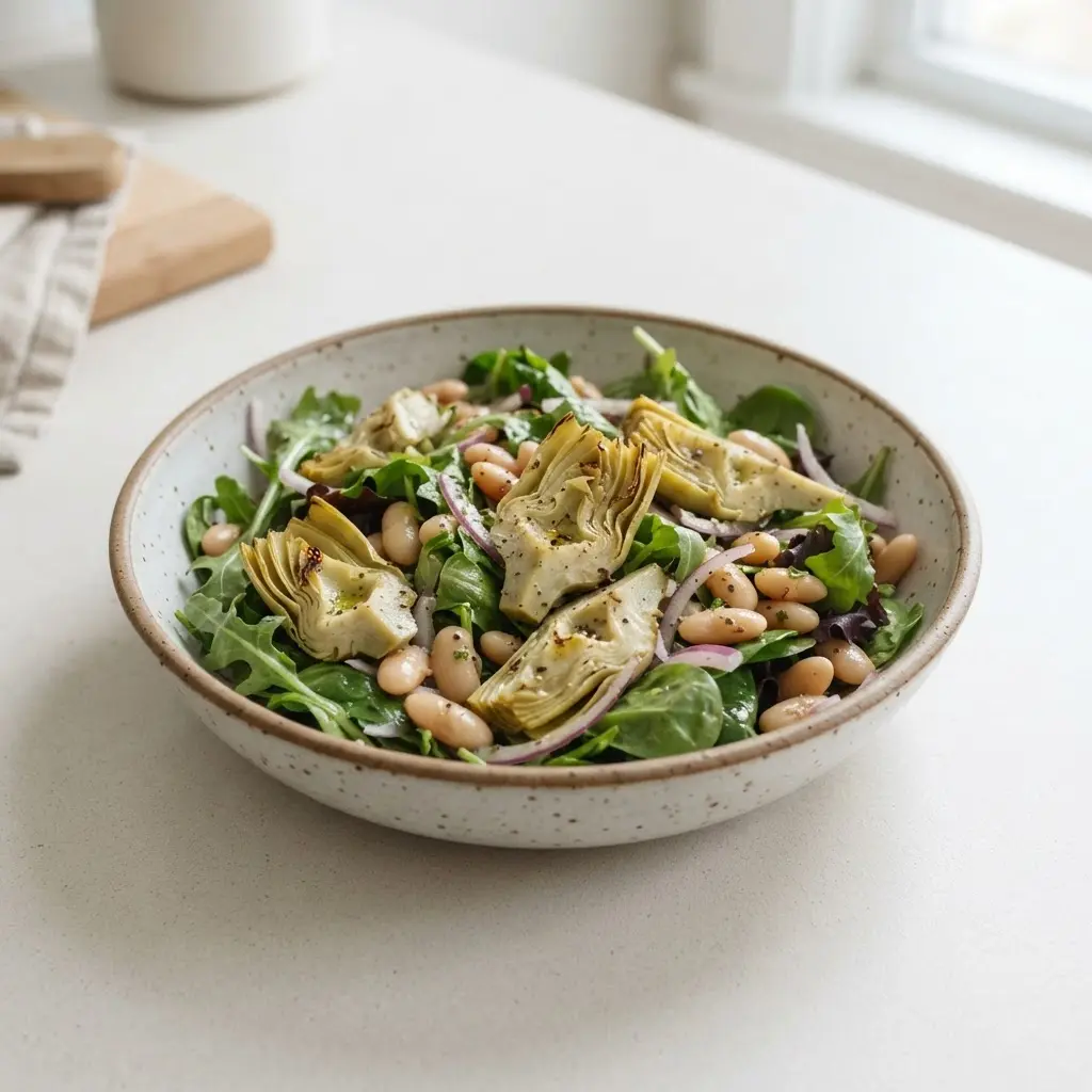 Sliced artichoke hearts with leafy greens and beans in a bowl, showing heart-smart nutrition.