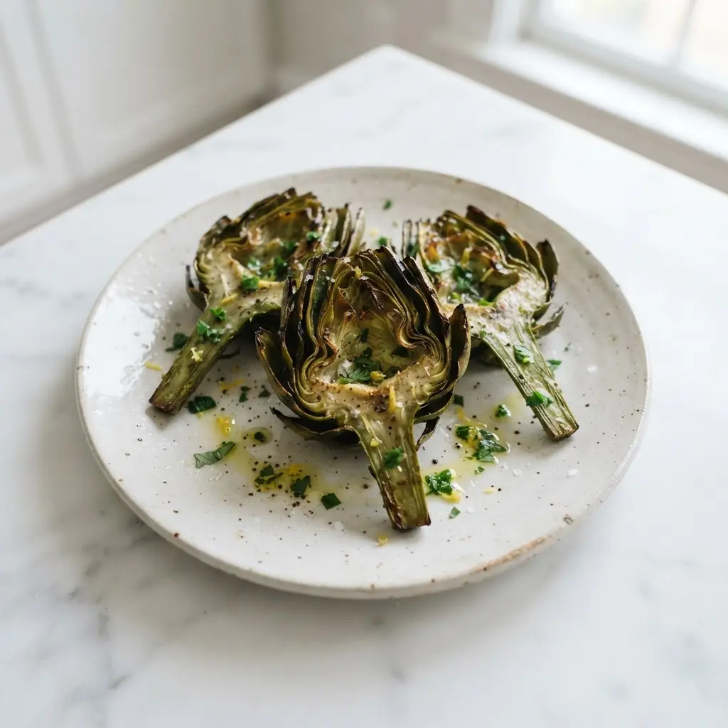 Fresh artichoke halves beside colorful vegetables, with green leaves and pale inner hearts.