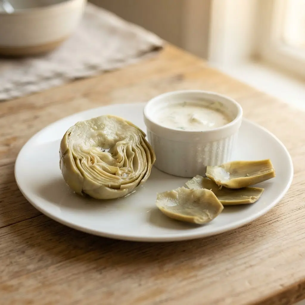 Steamed artichoke heart beside yogurt dip and whole leaves, illustrating artichoke nutrition.