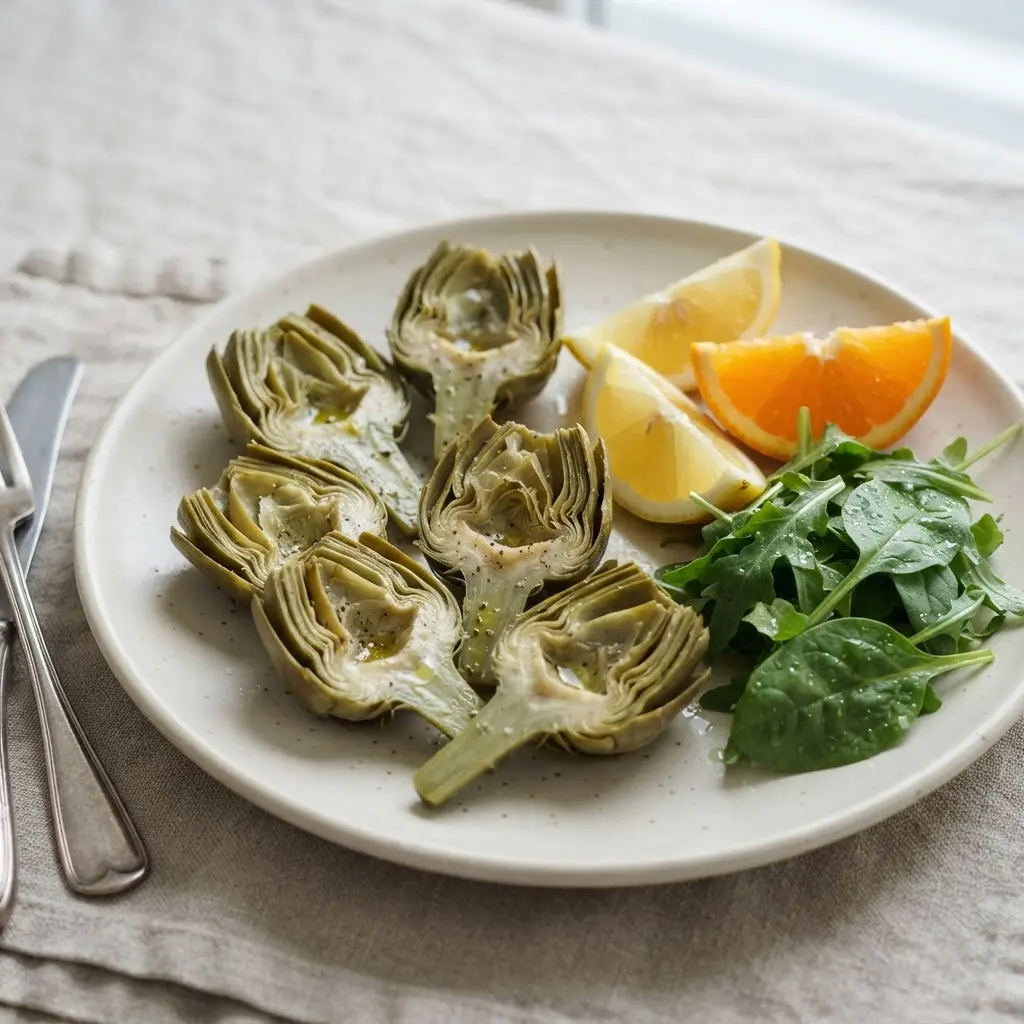 Fresh artichoke quarters beside citrus wedges and leafy greens on a clean kitchen plate.