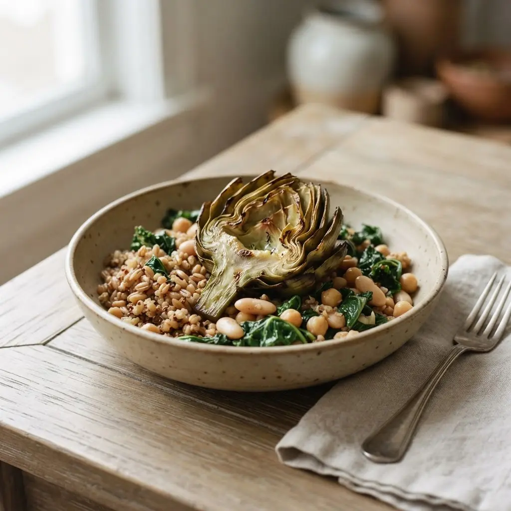 Halved artichoke with beans, greens, and grains arranged in a bowl for a balanced meal.