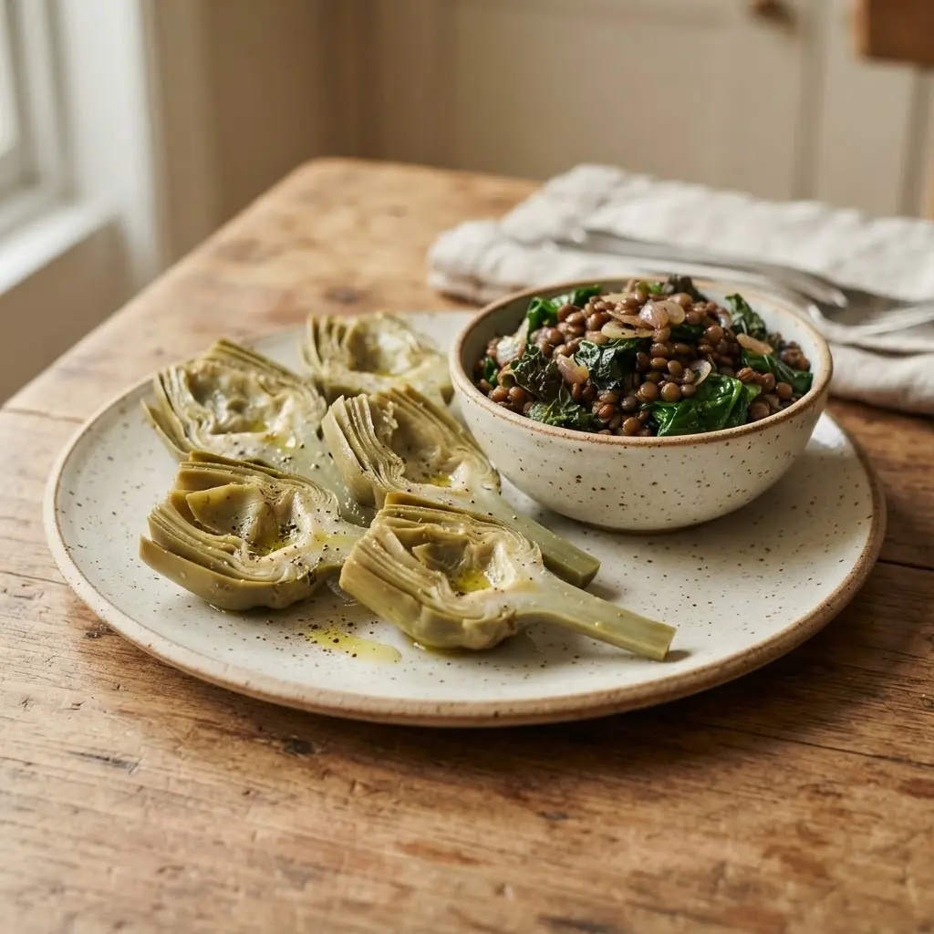 Steamed artichoke hearts beside lentils and greens in a small bowl for a filling meal.