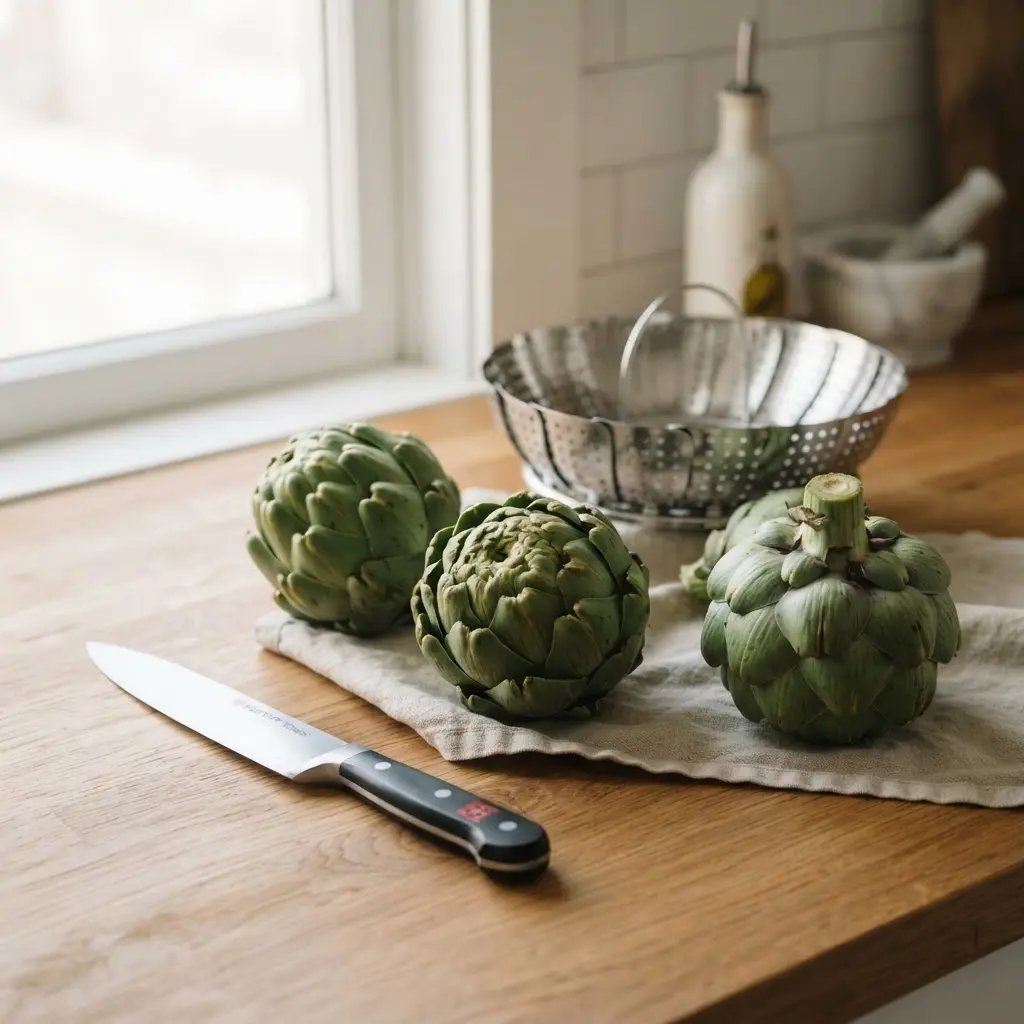 Whole artichokes, trimmed leaves, a knife, and a steamer basket on a clean counter.
